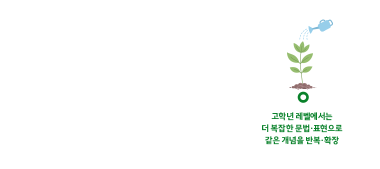 고학년 레벨에서는 더 복잡한 문법·표현으로 같은 개념을 반복·확장